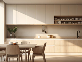 Fototapeta na wymiar Cozy beige kitchen with comfortable seating. AI Generated.
