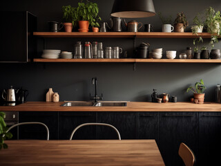 Dark black kitchen with modern furniture. AI Generated.