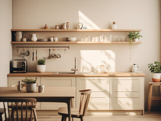 Beige kitchen with a bright and airy feel. AI Generated.