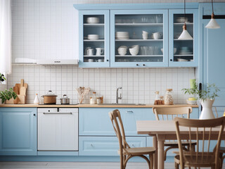 Blue kitchen designed for comfort. AI Generated.