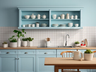 Fototapeta na wymiar Chic blue kitchen with farmhouse charm. AI Generated.