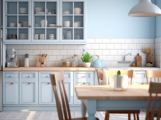 Chic blue kitchen interior design. AI Generated.