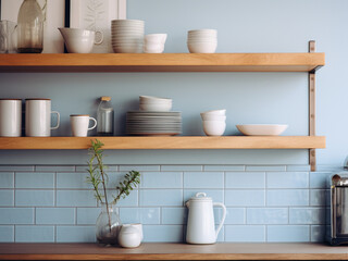 Fototapeta na wymiar Contemporary blue kitchen with natural elements. AI Generated.