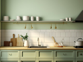 Fototapeta na wymiar Contemporary green kitchen with clean lines. AI Generated.