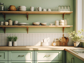 Inviting green kitchen with a farmhouse touch. AI Generated.