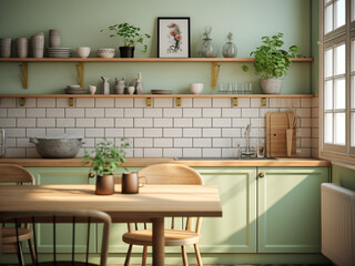 Bright green kitchen with a tropical flair. AI Generated.