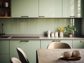 Bright green kitchen highlighting eco-friendly choices. AI Generated.