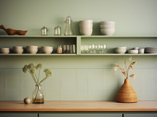 Fototapeta na wymiar Green kitchen interior exuding natural beauty. AI Generated.