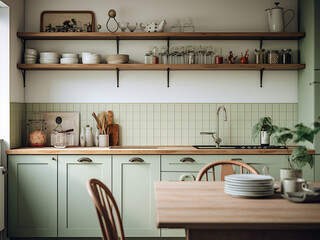 Fototapeta na wymiar Inviting green kitchen with comfortable seating. AI Generated.