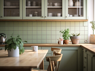 Green kitchen interior with a fresh vibe. AI Generated.