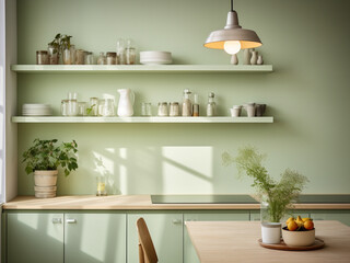 Chic green kitchen interior design. AI Generated.