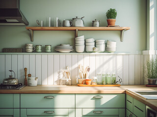 Fototapeta na wymiar Green kitchen featuring botanical motifs. AI Generated.