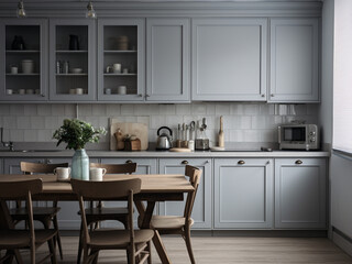 Stylish grey kitchen with a fresh feel. AI Generated.