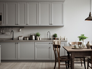 Grey kitchen room with ample natural light. AI Generated.