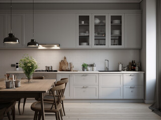 Timeless grey kitchen with neutral tones. AI Generated.