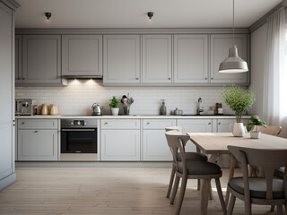 Grey kitchen interior with a sleek design. AI Generated.