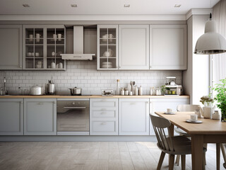 Elegant grey kitchen showcasing marble surfaces. AI Generated.
