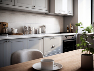 Grey kitchen interior with a rustic touch. AI Generated.
