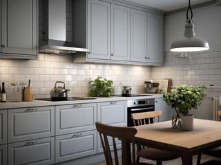 Bright grey kitchen with modern furniture. AI Generated.