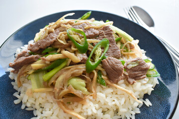 Ginger beef stir fry on a plate. Asian food style. 