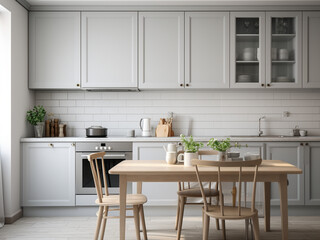 Bright grey kitchen with a spacious feel. AI Generated.