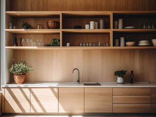 Fototapeta na wymiar Light wood kitchen designed for practicality. AI Generated.