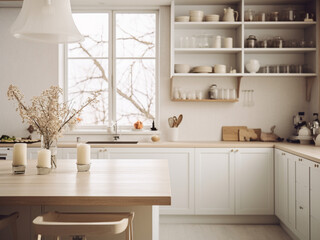 White kitchen featuring sleek fixtures. AI Generated.