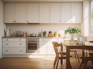 Fototapeta na wymiar Inviting white kitchen with comfortable seating. AI Generated.