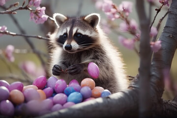 Fototapeta na wymiar Adorable Raccoon in a Spring Bush Surrounded by Many Easter Eggs AI generated