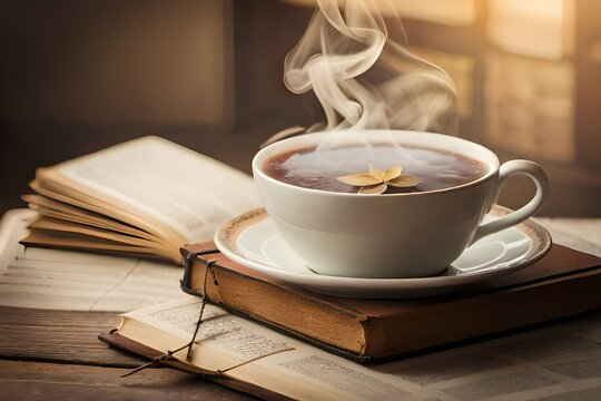 cup of coffee and book on table vintage image