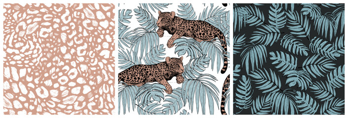 Set of beautiful seamless patterns of tropical leaves and leopards. Leopards in the jungle. A modern bright illustration in trendy colors.