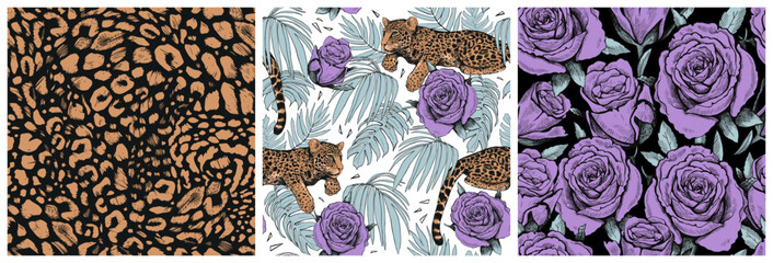 Set of beautiful seamless patterns of palm leaves, flowers, and leopards. A modern bright illustration in trendy colors.