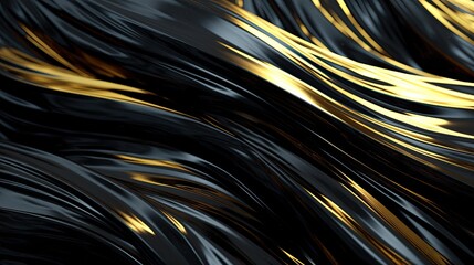 Black and gold shiny wallpaper. Dark wavy texture with golden details. Abstract background with dynamic effect. Illustration for cover, card, postcard, interior design, decor, advertising or print.