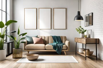 Spring composition of cozy living room interior with three mock up poster frame, wooden bench, green stands, stylish lamp, beige bowl, plant
