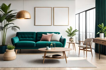 Spring composition of cozy living room interior with two mock up poster frame, wooden bench, green stands, stylish lamp, beige bowl