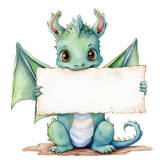 ute baby dragonwearing holding a sign in  watercolor painting style  isolated against transparent background