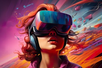 young female in vr virtual reality headset, colourful concept, coloured background, generative AI