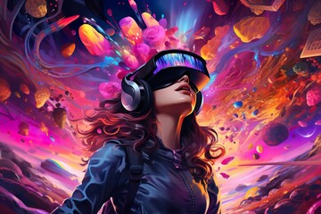 Fototapeta premium young female in vr virtual reality headset, colourful concept, coloured background, generative AI