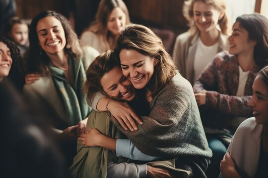 Women hugging in group therapy sessions. Women supporting each other. 