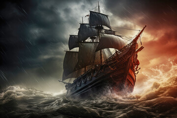 Pirate ship under a dramatic stormy sky, with dark clouds and crashing waves © Microgen