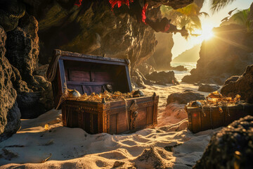 Pirate treasure chest on a deserted island, evoking dreams of adventure and riches from a bygone era - obrazy, fototapety, plakaty