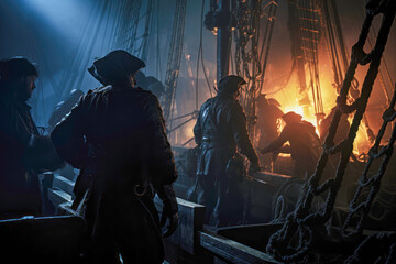 Pirates stealthily board an enemy ship under the cover of night, seeking adventure and treasure amidst danger - obrazy, fototapety, plakaty