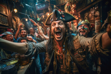 Fototapeta premium Euphoric pirates celebrating a successful raid