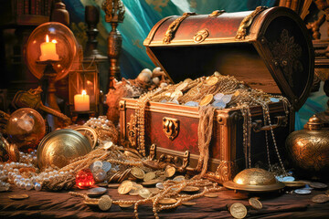 Pirate's treasure chest overflowing with shiny coins, jewels, and other valuable trinkets
