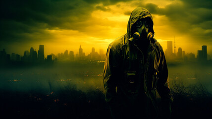 Stalker in a respirator against the background of a radioactive explosion. The city under the chemical cloud Background. High quality illustration - obrazy, fototapety, plakaty