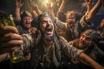 Fototapeta premium Crazed pirates celebrating a successful raid on the high seas