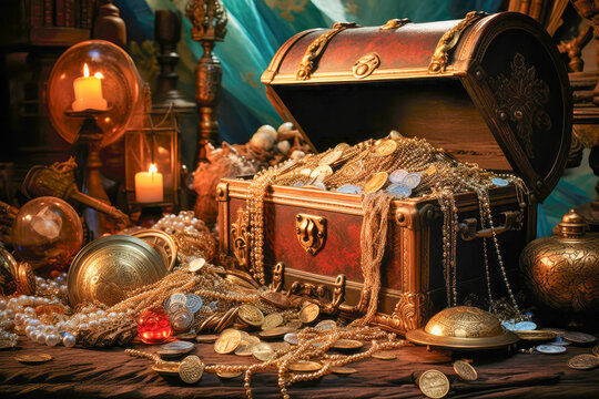 An overflowing treasure chest filled with gold coins -- antique-looking  treasure chest with ornate, intricate details. Overflowing with riches.  Generative AI with 3D shading Stock Illustration