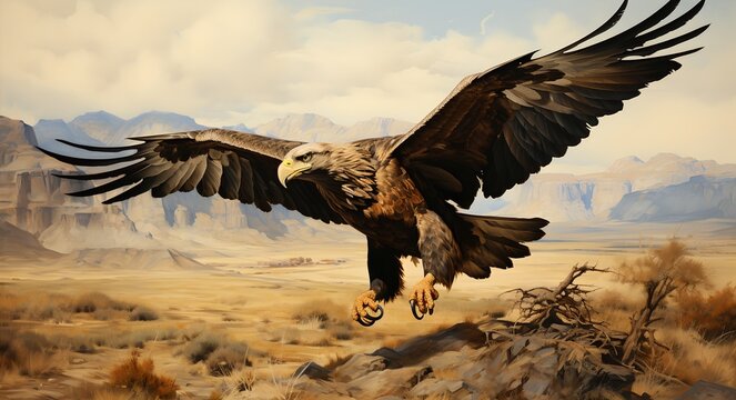 Painting eagle flying over a desert, generative ai