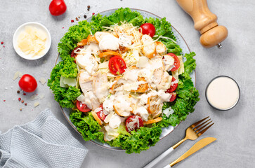 Caesar Salad, Fresh Salad with Grilled Chicken Breast, Croutons, Parmesan Cheese, Cherry Tomatoes, Lettuce and Dressing