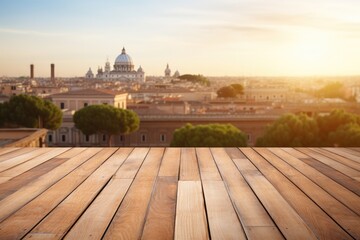 Obraz premium The empty wooden table top with blur background of a European city.